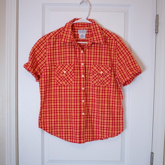 Bright Plaid Button Shirt Arizona Short Sleeve Picnic Blouse L | True Spring - Picture 1 of 5